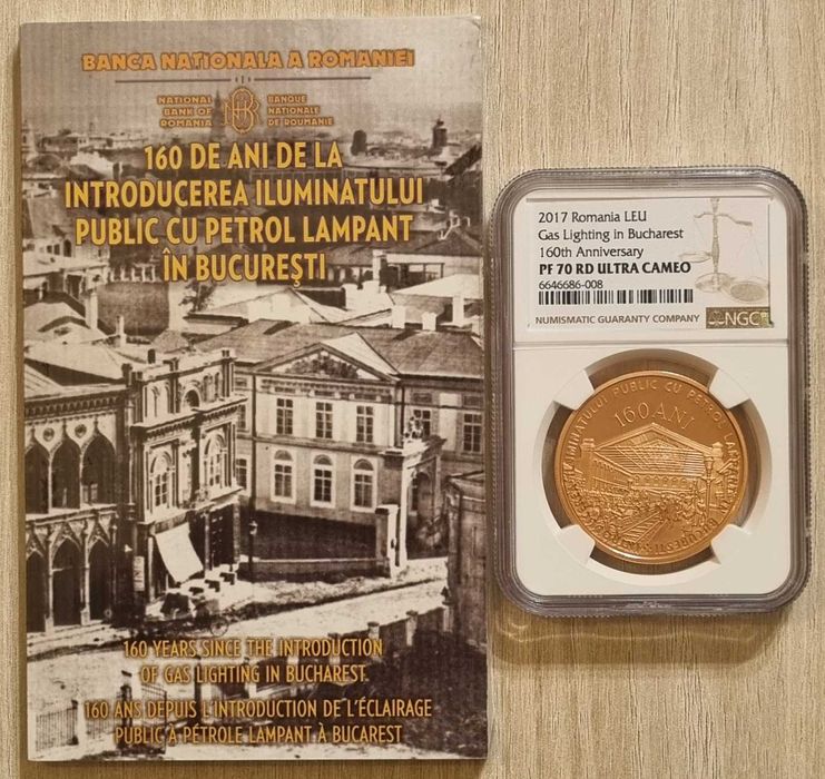 Moneda BNR 1 leu tombac Iluminat public gradata NGC PF 70 UC Top Pop