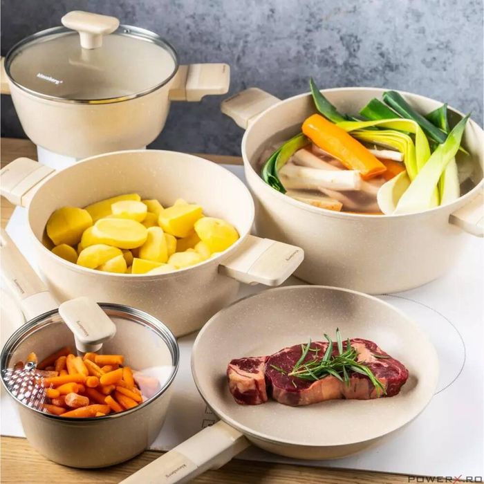 Set 4 oale si 2 tigai cu strat antiaderent, bej, 12 piese, capac