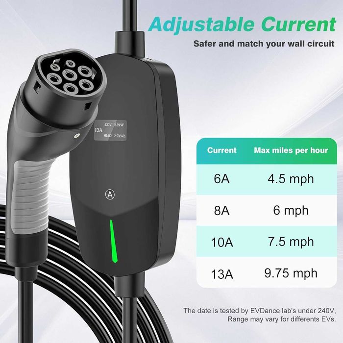EVDANCE EV зарядно тип 2, 8 метра, 6/8/10/13A, регулируем ток, IP66