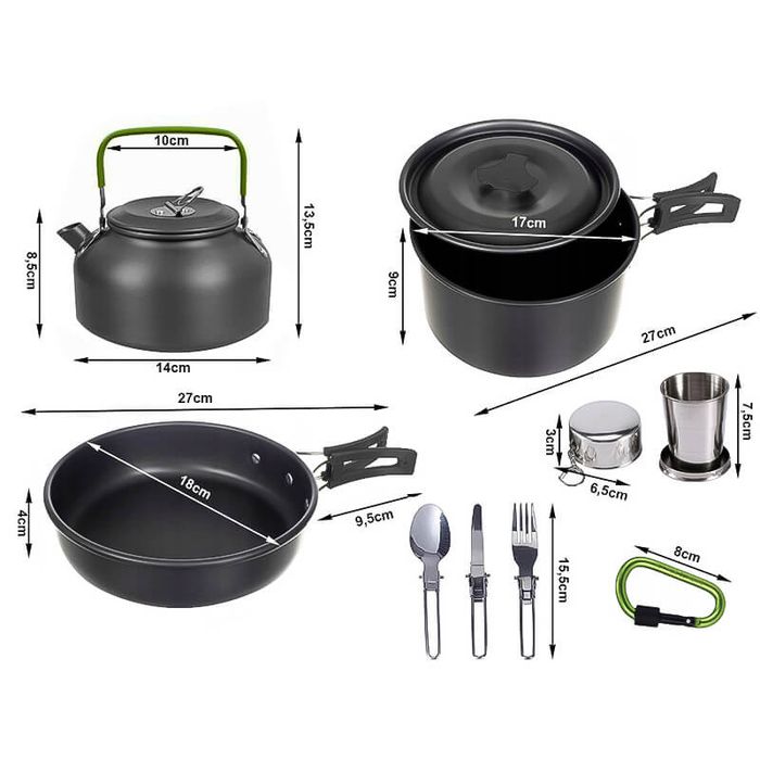 Къмпинг комплект за готвене, 18 части, лек комплект съдове и прибори