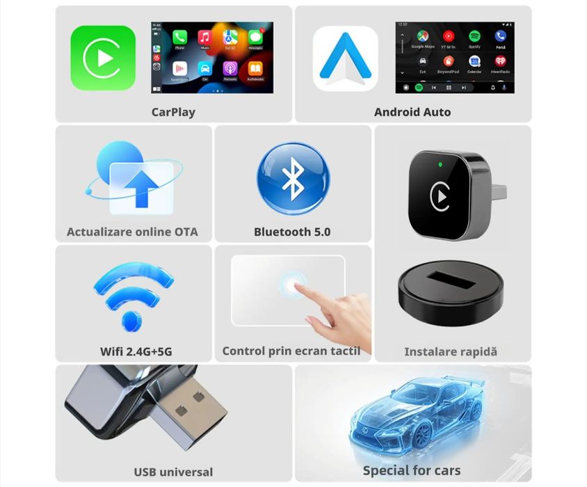 Adaptor Wireless 2-in-1 pentru CarPlay si Android Auto