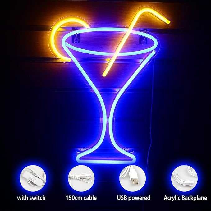 LUCUNSTAR Неонова лампа - коктейл син LED знак, USB захранване