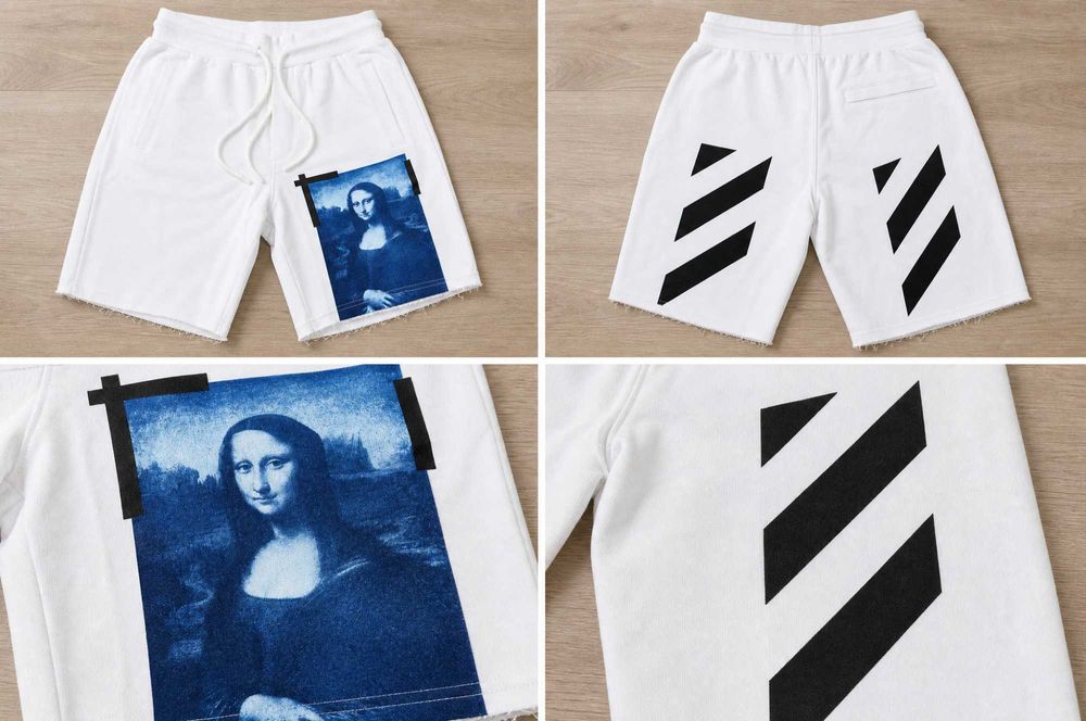 Мъжки къси спортни панталони Off-White c/o Virgil Abloh „Mona Lisa" — бели, regular fit, син Mona Lisa принт + черни Diagonals — S L