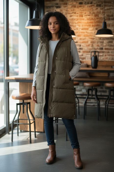 Vestă lungă matlasată cu glugă