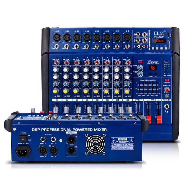 Mixer audio 2 X 500W 8 canale PMX802D cu amplificator USB Bluetooth 16 efecte DSP Egalizator