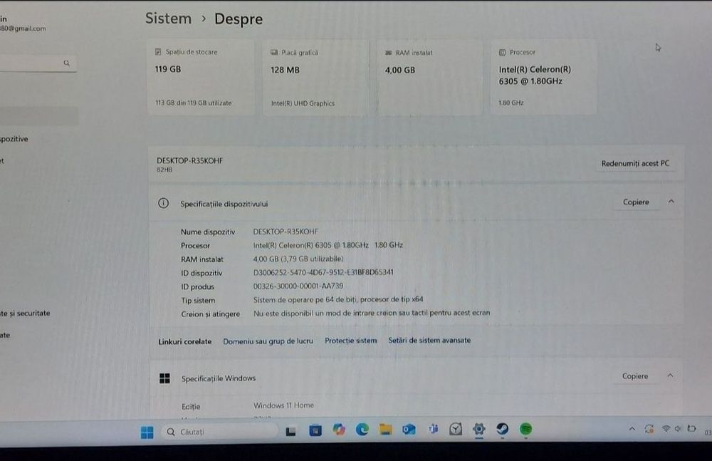 Laptop Intel Celeron, 4GB RAM, SSD 128GB, Windows 11, cu încărcător or