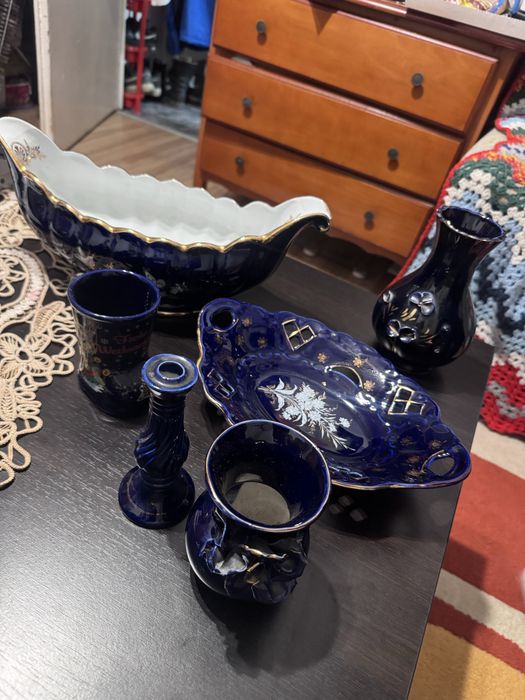 Vand set 7 bucati portelan-cobalt cu accente aurii