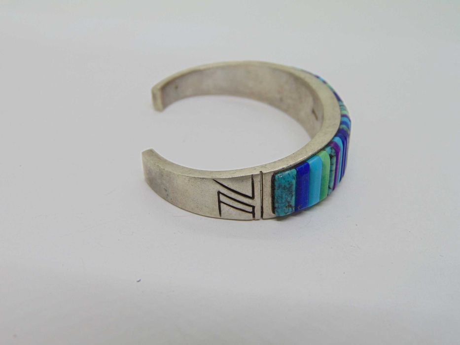 Bratara amerindiana navajo din argint cu inlay turcoaz, lapis lazuli