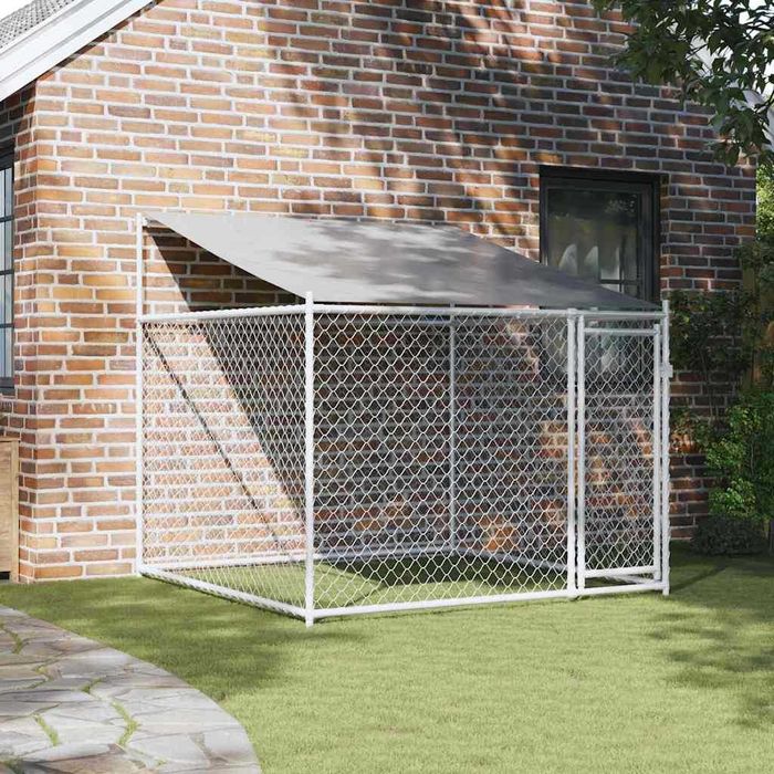 Cușcă pentru câini cu acoperiș și ușă 2x2x2 m, gri oțel galvanizat VidaXL