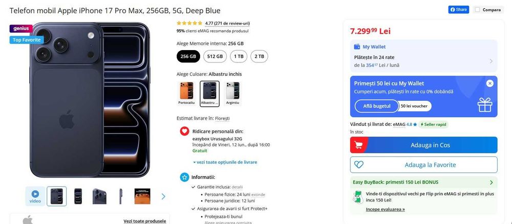 Apple iPhone 17 Pro Max, 256GB, 5G, Deep Blue - SIGILAT - GARANTIE