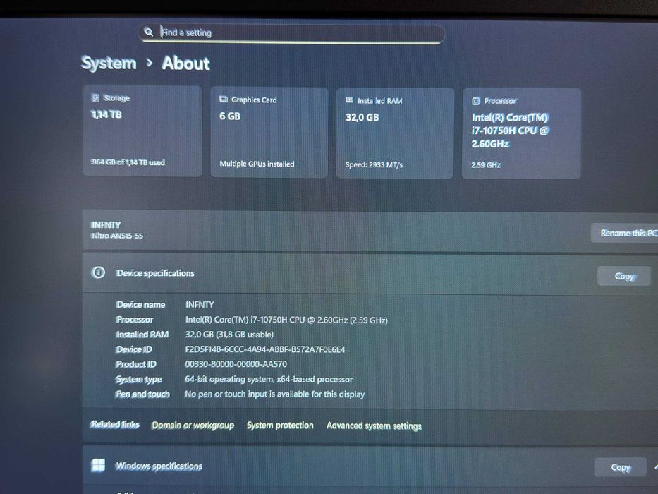 Noutbuk Acer Nitro 5 (Core i7, 32 GB RAM, 6 GB GPU)