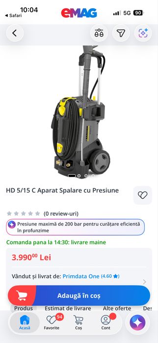 Aparat de spalat cu presiune, Karcher HD 5/15C Plus, 2800 W, 150 bari, 500 l/h, furtun 10 m