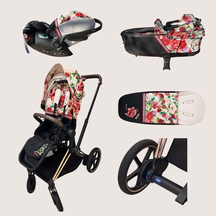 Бебешка количка Cybex Platinum E Priam 4 Rose Gold Spring Blossom Light с електрическо задвижване.