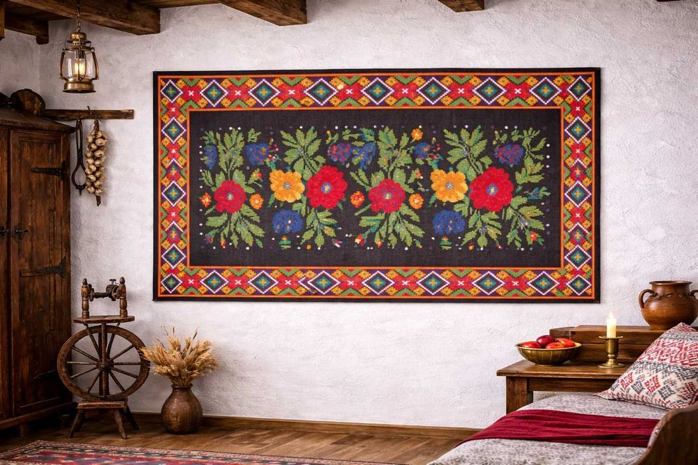 Covor românesc  (2.83m x 1.63m) cusut manual cu lana– piesă decor rară