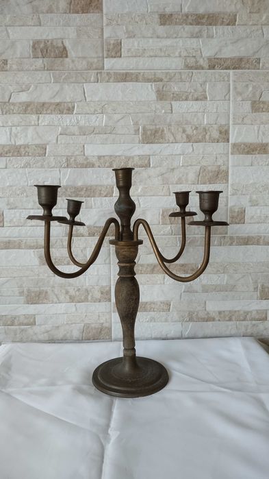 Голям стар свещник - месинг и дърво - 34см - Антика