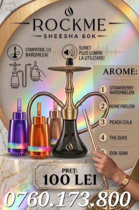 NOU!Tigara electronica / E-Shisha  Mega Vape Rock Me Sheesha 60k,sunet la utilizare +fum dens+lumini,  COMPATIBIL cu NARGHILEAU CLASICĂ, originale