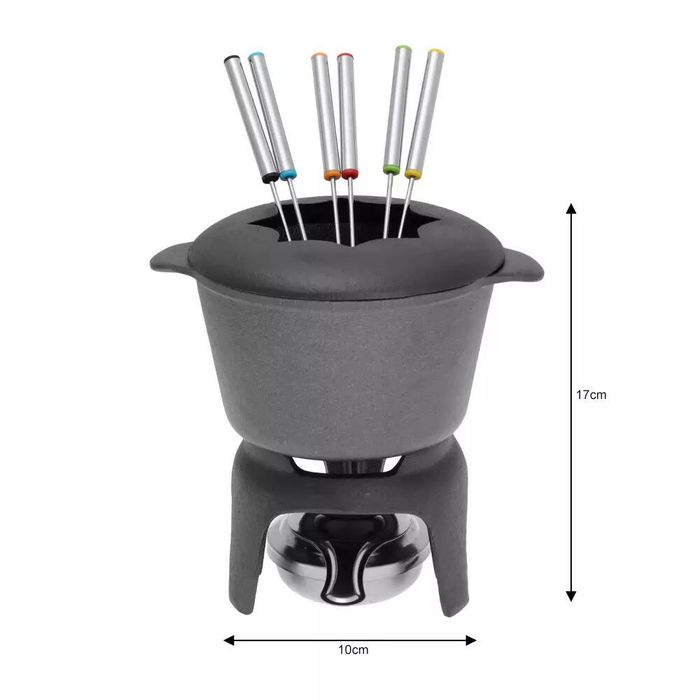 Set fondue, pentru branzeturi, ciocolata, cu 6 furculite, din fonta,