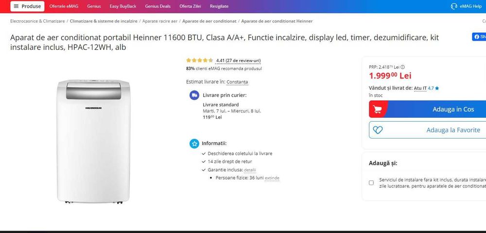 Aer condiționat portabil HEINNER 11600BTU nou