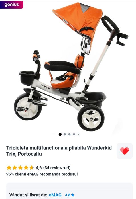 Tricicleta multifunctionala pliabila Wunderkid Trix, Portocaliu