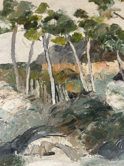 Tablou Vasile Lazarescu 1985 ulei pe panza peisaj rural casa rama 53x63cm`