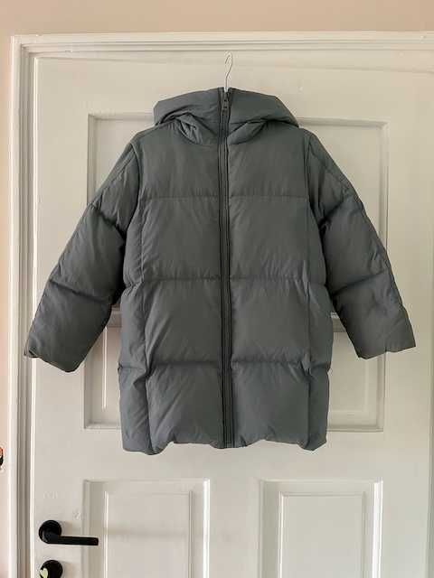 Дълго пухено яке Зара, синьо-сиво, естествен пух/пера, водоустойчиво