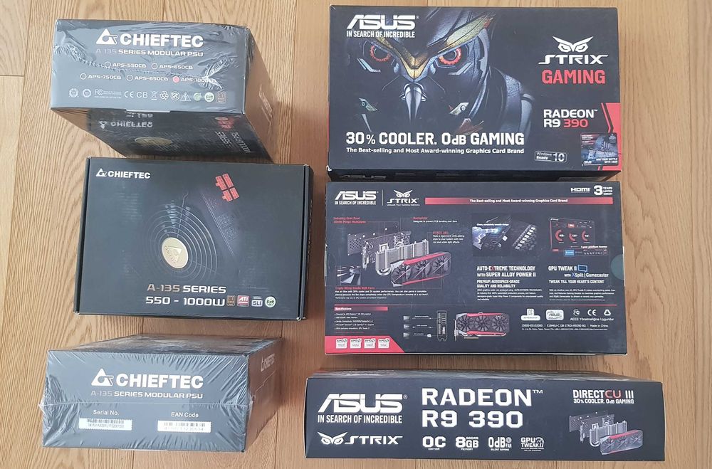OFERTA -3 plăci video ASUS ROG STRIX Radeon R9 390, 8GB GDDR5, 512-bit  + 3 surse Chieftec APS-1000 CB, 1000W, A-135 Series, 80 Plus Bronze - NOI!