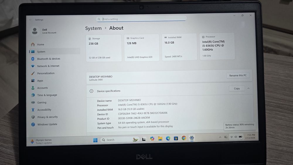 Laptop Dell i5gen8,16Gb ddr4, ssd 256Gb, displa14"HD, windows11pro