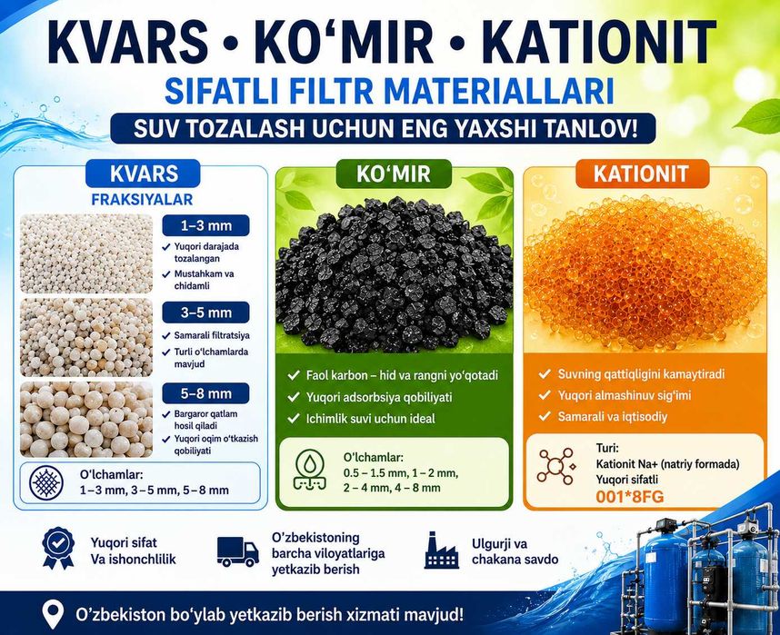 Kvars qumi, Aktivlashtirilgan ko‘mir, Kationit 001×8 (FG)