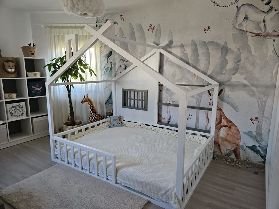 Pat casuta Montessori, pat copii, lemn masiv, loc de joaca