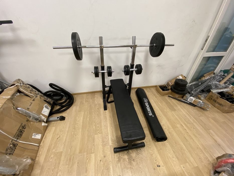 Set sala Banca piept+haltera gantere cu bari otel crom si piulite, noi