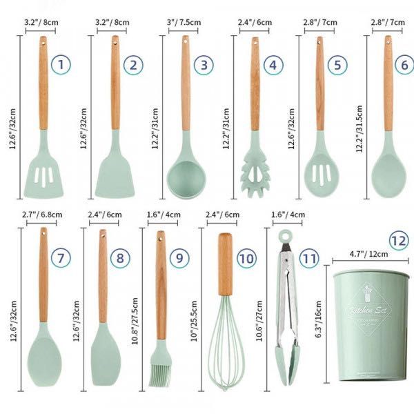 Сет 12 кухненски прибори за готвене - от естествено дърво