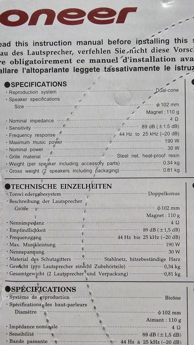 Difuzoare PIONEER 16,5cm 6,5 inci 10cm 4 inci