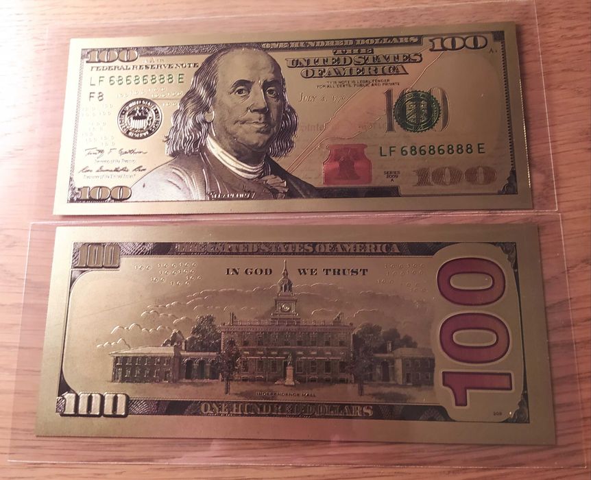 Лот от 5 бр. 100 долара-позлатени,сувенирни,пластични,релефни банкноти