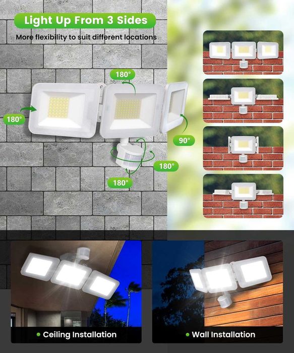 Мощен LED прожектор MEIHUA 100W, 9600LM, 3 глави, сензор и дистанционно