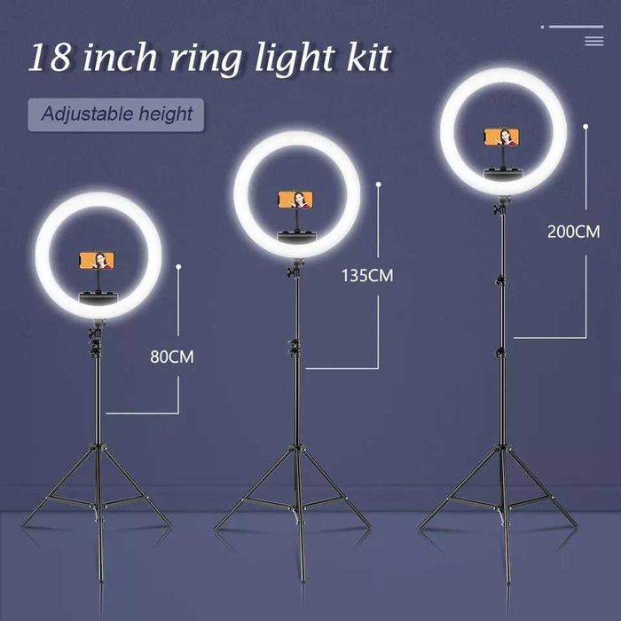 LED ринг лампа 18 инча с трипод, 210см, Диаметър 45см.