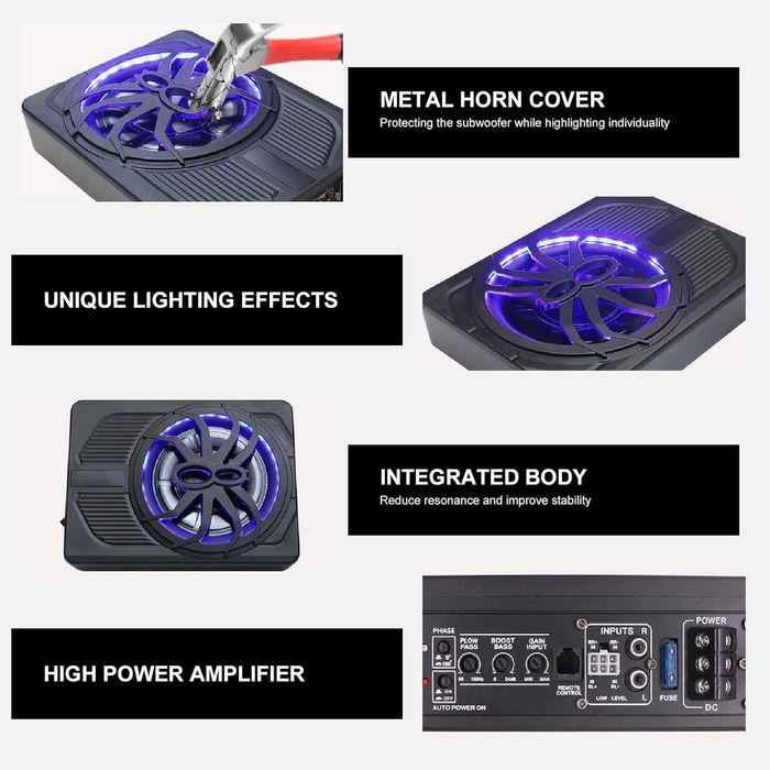 Активен субуфер под седалка 1000W LED - ултратънък авто бас