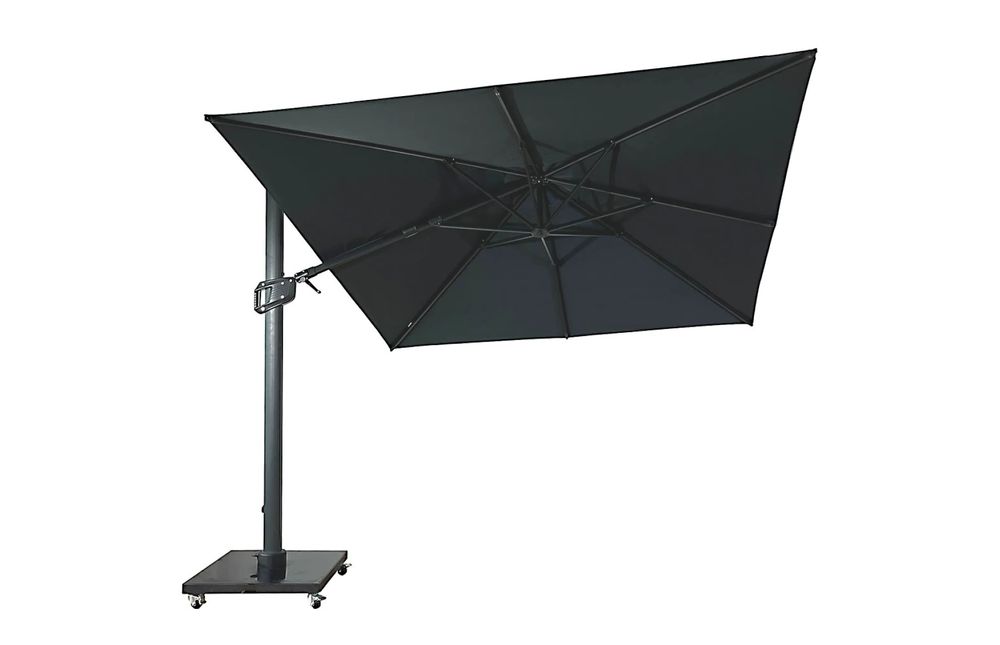 Umbrela de soare 3x3m pentru terasa si gradina, aluminiu, pliabila, culoare gri antracit, include suport granit