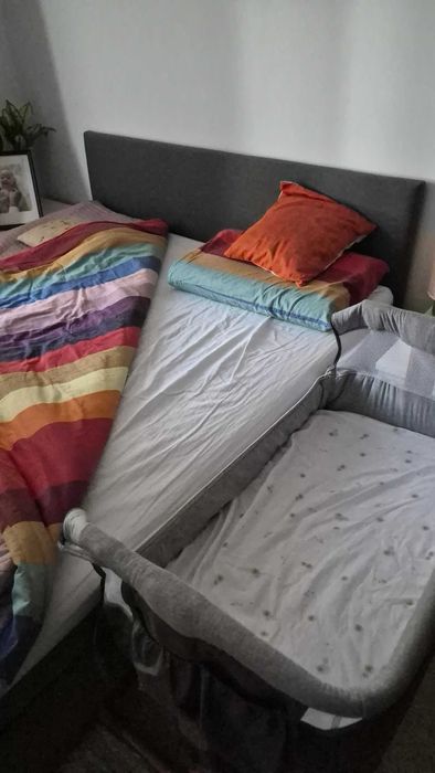 Patut 3 in 1 cosleeper Lionelo Leonie gata de folosire (saltea, 2 cearsafuri, protectie impermeabila); indispensabil mamicilor cu cezariana
