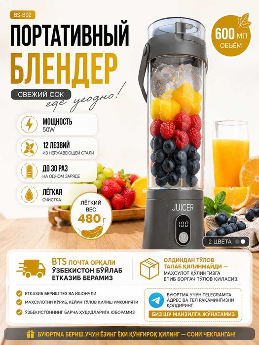 Портативный блендер 600 мл, беспроводной USB, 50W мини соковыжималка