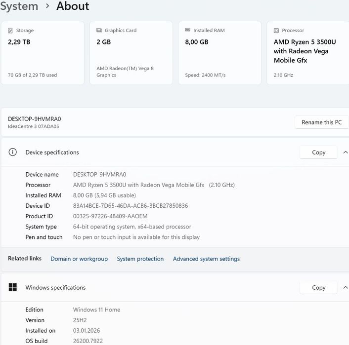 Mini PC Lenovo Ryzen 5 3500U 2,1Ghz/3,7Ghz, 8GB, 512GB+2TB, Vega 8 2GB