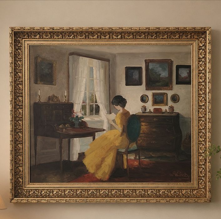Ulei pe pânză "Femeie la fereastră" realizată de artista daneză Edith Gert (1906–1983)