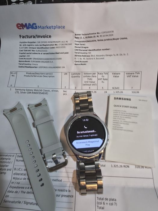 Samsung Galaxy Watch 6 LTE, 47mm Silver+Curea Metalica si Folie Protec