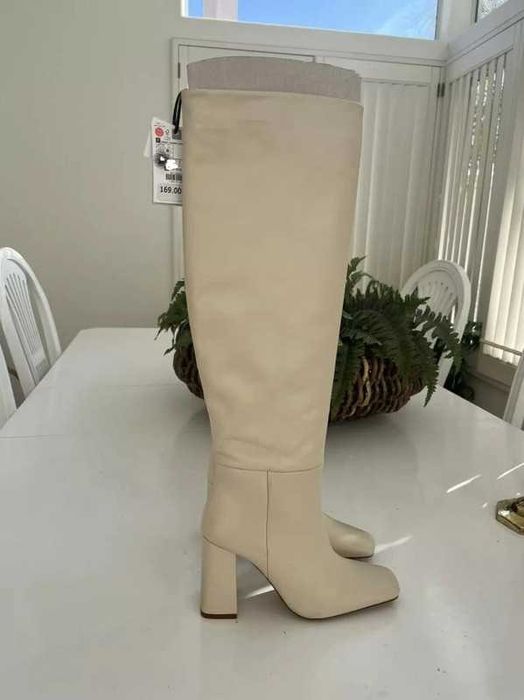 Zara cizme piele naturala tubice bej toc mic peste ghenunchi