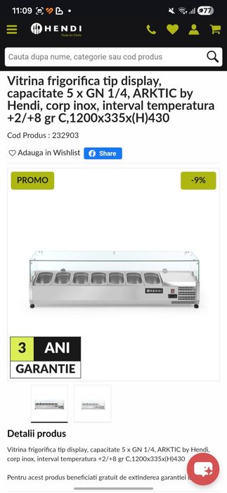 Saladeta 
Vitrina frigorifica tip display, capacitate 5 x GN 1/4, ARKTIC by Hendi, corp inox, interval temperatura +2/+8 gr C,1200x335x(H)430