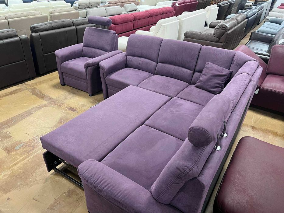 ПРОМОЦИЯ!!! Лилав ъглов диван от плат с функция сън и фотьойл