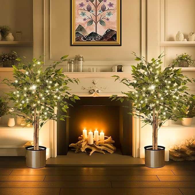 ПРОМО Изкуствен фикус бенджамин 152 см – с лед светлини – к-т 2бр