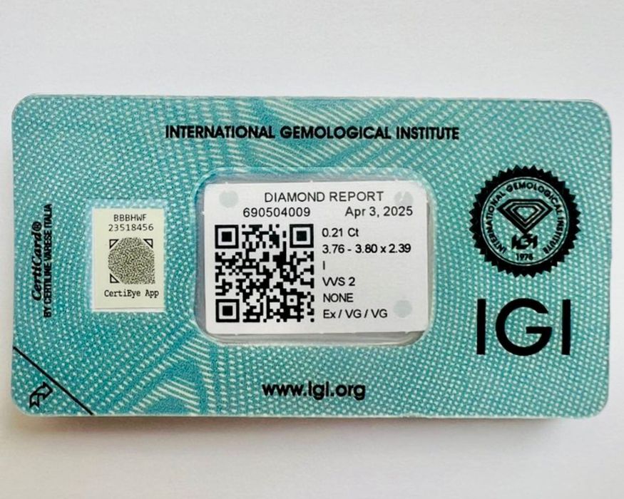 IGI certified Diamond - 0.21ct, color - I, clarity - VVS2, cut - Ex.