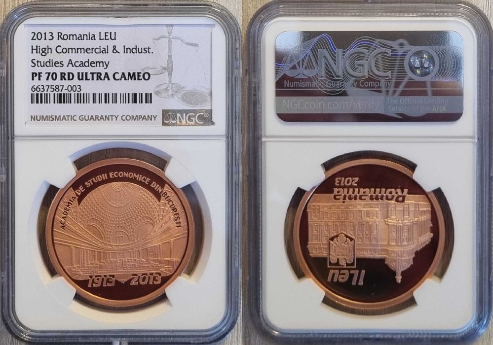 Moneda BNR 1 leu tombac ASE gradata NGC PF 70 UC Top Pop