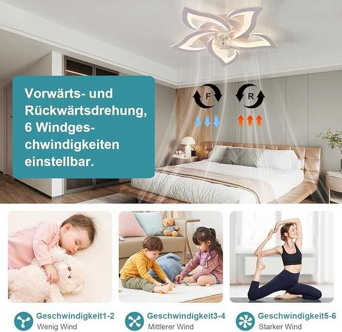 Ventilator de tavan cu iluminare,LED silențioasă reglabilă