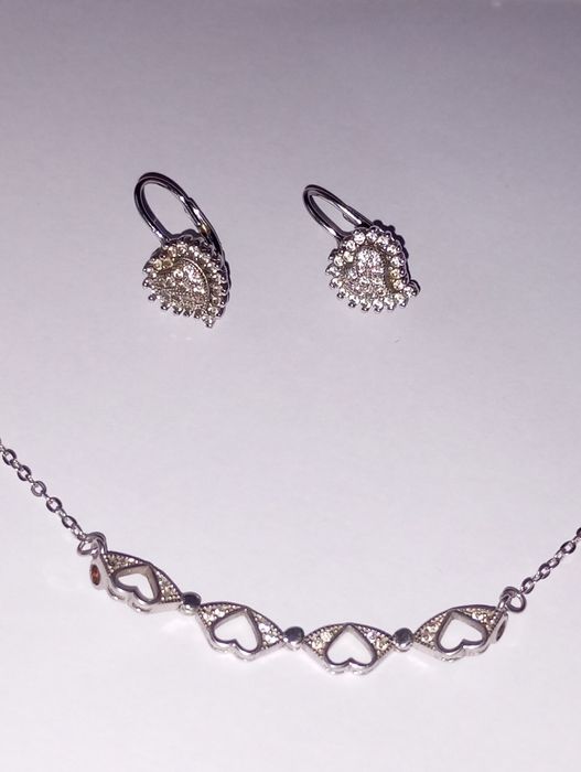 Set cercei și colier argint 925 cu inimioare și diamante
